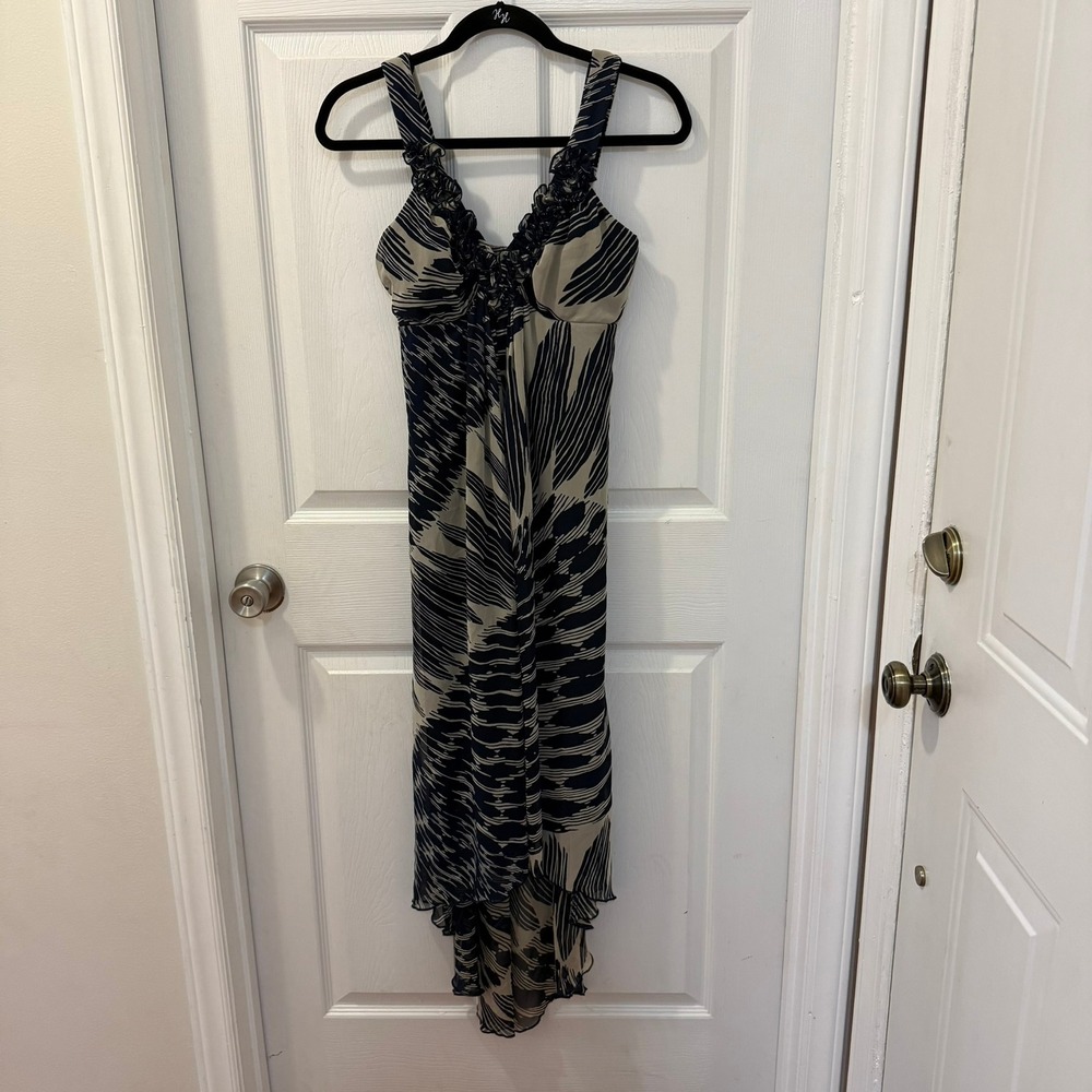 Cynthia Rowley Women's‎ Size 6 Navy Beige Bird Abstract Ruffle High Low Dress